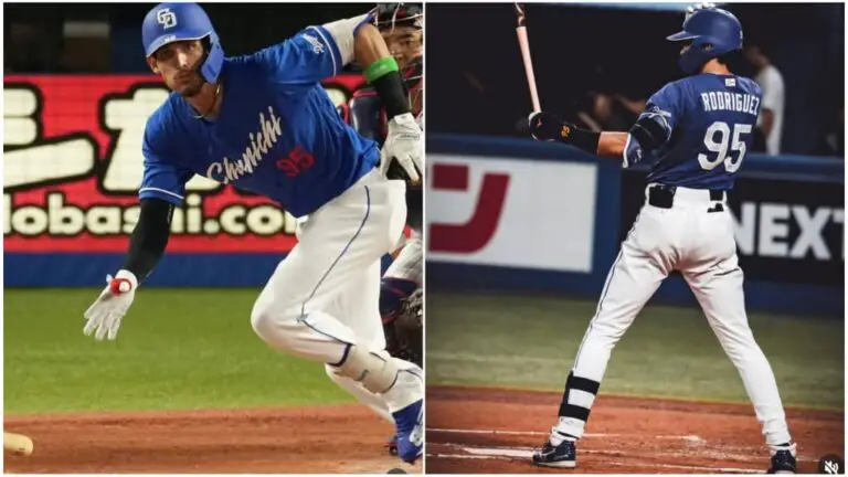 Christian Rodríguez empujada carrera en partido de exhibición de los Dragones de Chunichi.