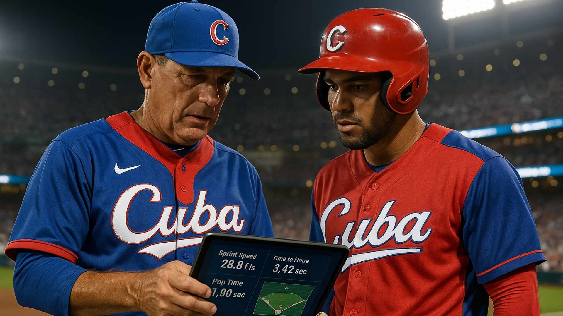 Cuba sin manager… y con vacíos preocupantes en su cuerpo técnico Coach de béisbol de Cuba con tablet mostrando estadísticas avanzadas junto a corredor en juego internacional